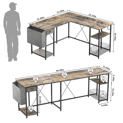 X-cosrack 2 Person Desk Large L-Shaped Computer Desk with Storage Shelves Drawer, Home Office Writing Corner Desk, Long Desk PC Laptop Workstation with Hooks Storage Bag Cable Hole - WoodArtSupply