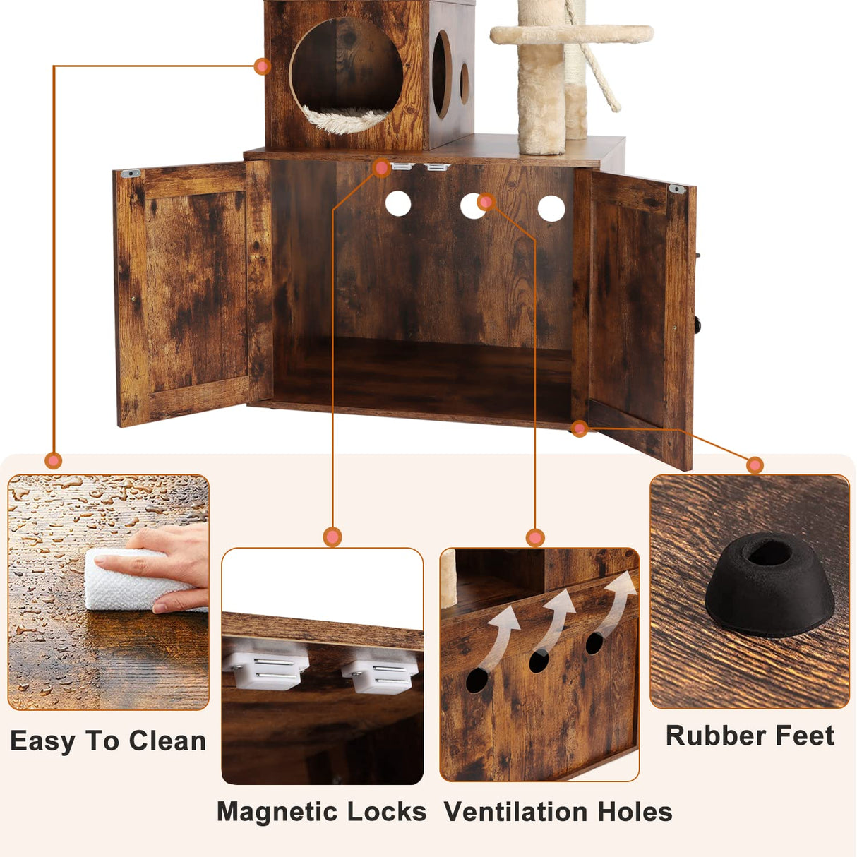 Timberer Cat Tree with Litter Box Enclosure, 2-in-1 Cat Tower for Indoor Cats, Large Cat Furniture, Wood Cat Condo with Basket, Scratching Posts, Pompoms, Rustic Brown Timberer