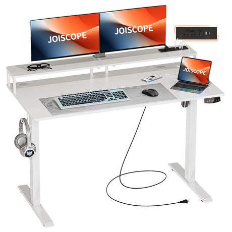 JOISCOPE 48'' Height Adjustable Electric Standing Desk with Display Riser, Power Outlet (3AC, USB, Type-C), Memory Height & Foot Pat, Gaming Study Drafting Sit Stand Desk for Home Office Bedroom,White JOISCOPE