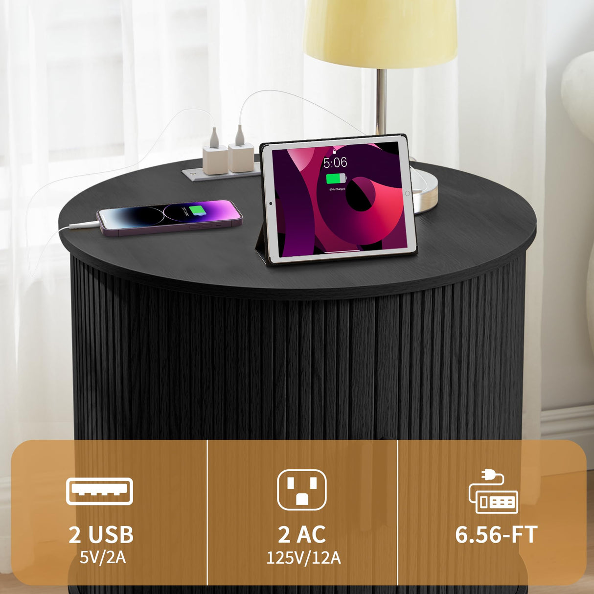 RUSTYER Farmhouse Round End Table with Charging Station, 24" Large Fluted Sofa Side Table with Sliding Tambour Door & Storage, Mid-Century Wood Nightstand for Living Room, Bedroom (Black) RUSTYER