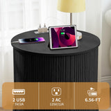 RUSTYER Farmhouse Round End Table with Charging Station, 24" Large Fluted Sofa Side Table with Sliding Tambour Door & Storage, Mid-Century Wood Nightstand for Living Room, Bedroom (Black) RUSTYER