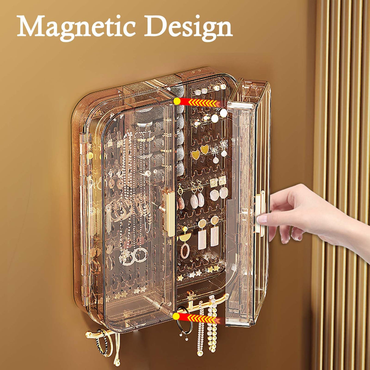 Qryval Wall Mounted Jewelry Organizer, No Punching Installation, Hanging Jewelry Organizer Box and Storage Case, Necklace Earring Holder Organizer Wall for Women Teen Girls (Mocha Brown) Qryval