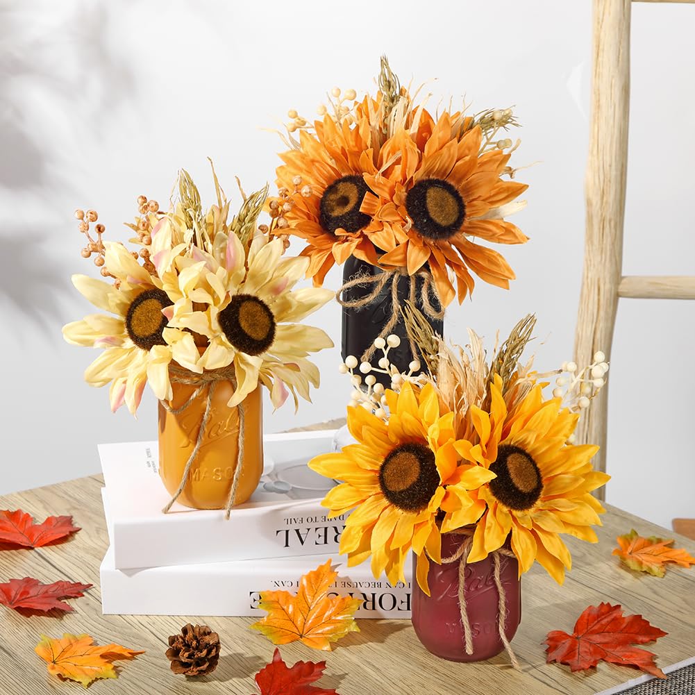 Fall Sunflower Mason Jar Centerpiece – Artificial Autumn Flowers in Rustic Glass Vase with Rope, Farmhouse Table Decor for Thanksgiving, Kitchen, Tiered Tray, Living Room, Mantel, Bathroom, Wedding DILATATA