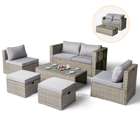 VINGLI 6 Pieces Wicker Patio Furniture Set, Outdoor Sectional Furniture Patio Conversation Set Space-Saving Design with Ottomans and Coffee Table for Garden,Poolside, Backyard(Grey) VINGLI