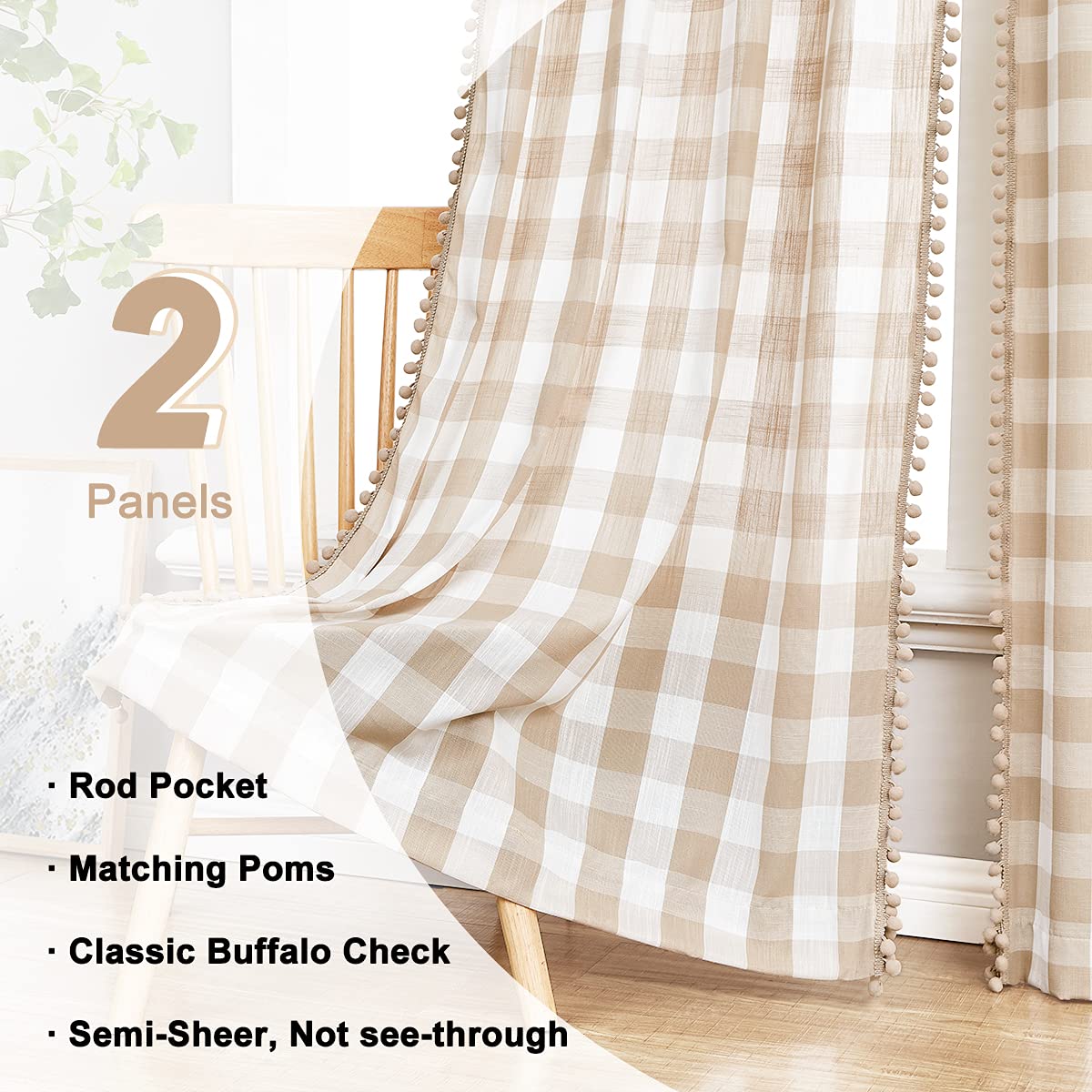 Treatmentex Pompom Buffalo Plaid Curtains 45" Kitchen Curtains Rustic Farmhouse Tan and White Check Curtain Panels for Small Windows Basement Bathroom Rod Pocket 2pcs Treatmentex