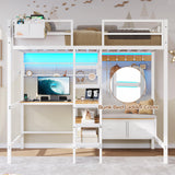 DICTAC Twin Loft Bed with L-Shaped Desk, Storage Shelves and Charging Station Twin Size Metal Loft Bed with LED Lights and Coat Rack with 2 Storage Drawers,Top Bunk with Safety Guard & Stair, White DICTAC