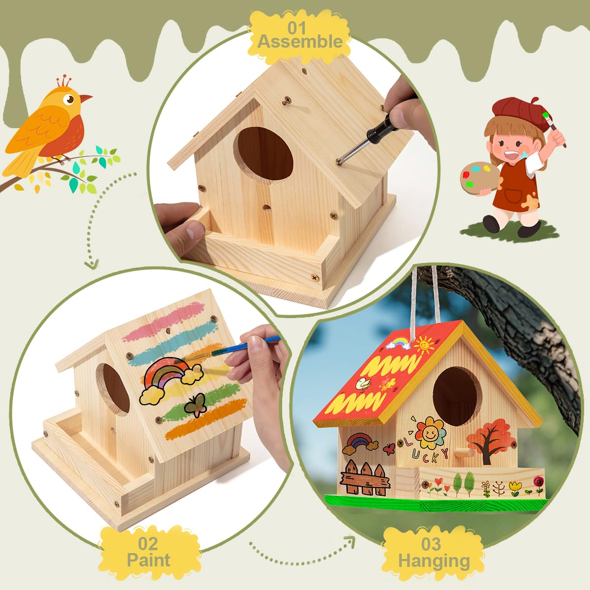 4 Sets DIY Wooden Birdhouse Kits with Paint for Kid, Paint Your Own Wood Birdhouse DIY Kid Art Craft Outdoor Birdhouse Kit Hanging Bluebird Cardinals for Spring Summer STEM Projects