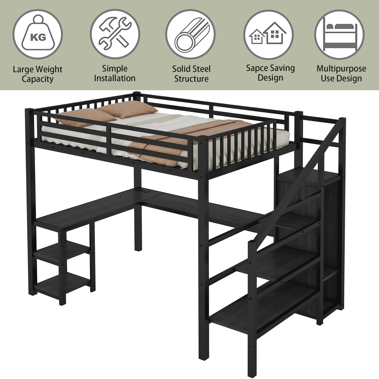 Full Size Loft Bed with Desk and Storage Stairs,Metal Full Loft Bed Frame with Wardrobe and Shelf, High Loft Bed with LED Light and USB Charging Station for Kids, Teens, Adults, Black Mirightone