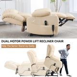 EZZUP Electric Lay Flat Recliner Chair with Vibration Massage Heat for Elderly People, Power Lift Chair with Dual Motor Cup Holders, Faux Leather Beige EZZUP