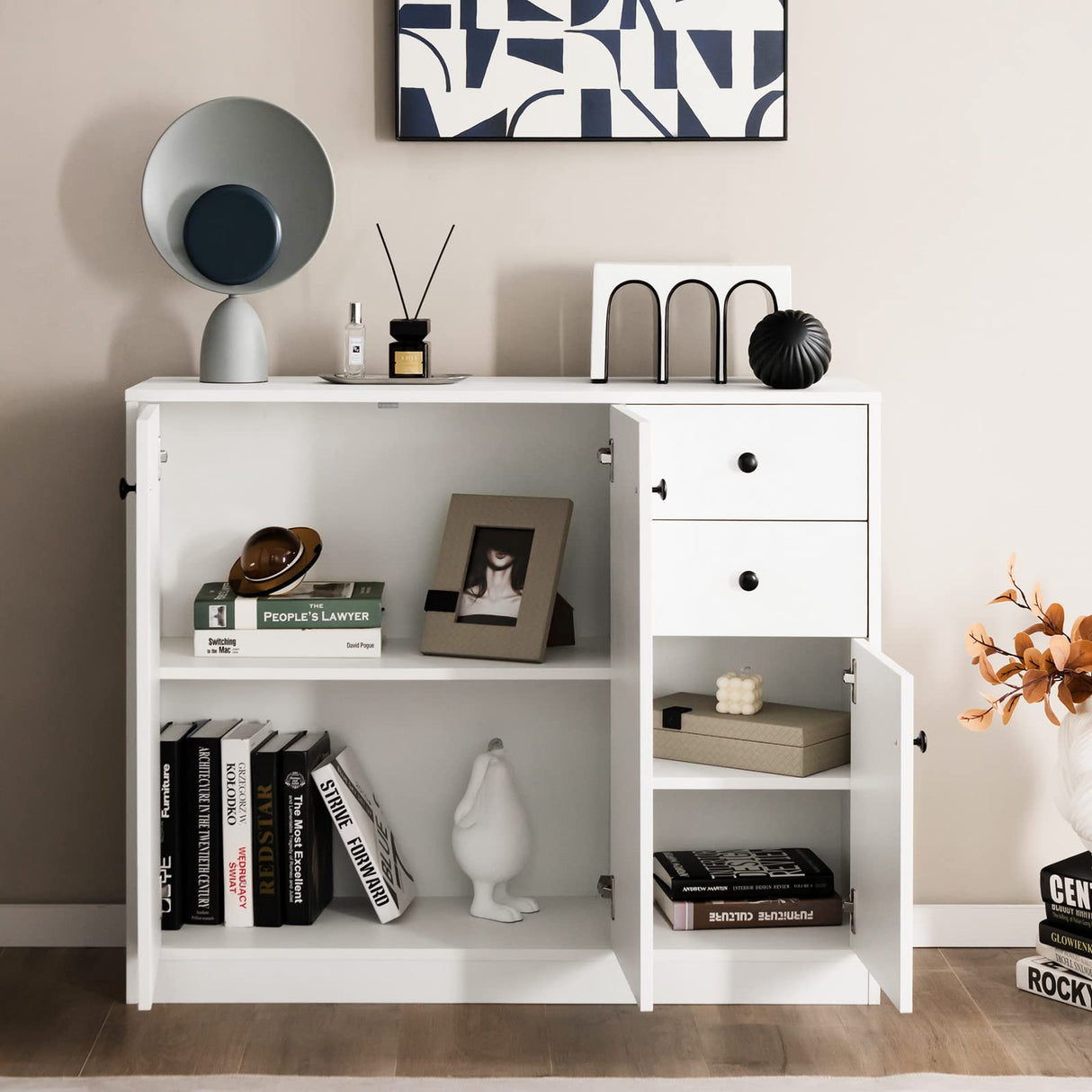 Giantex Buffet Cabinet with Storage - Kitchen Sideboard with 2 Drawers, 3-Door Large & Small Cabinet, Adjustable Shelves, White Pantry Cupboard for Dining Room, Console Table for Entryway Giantex