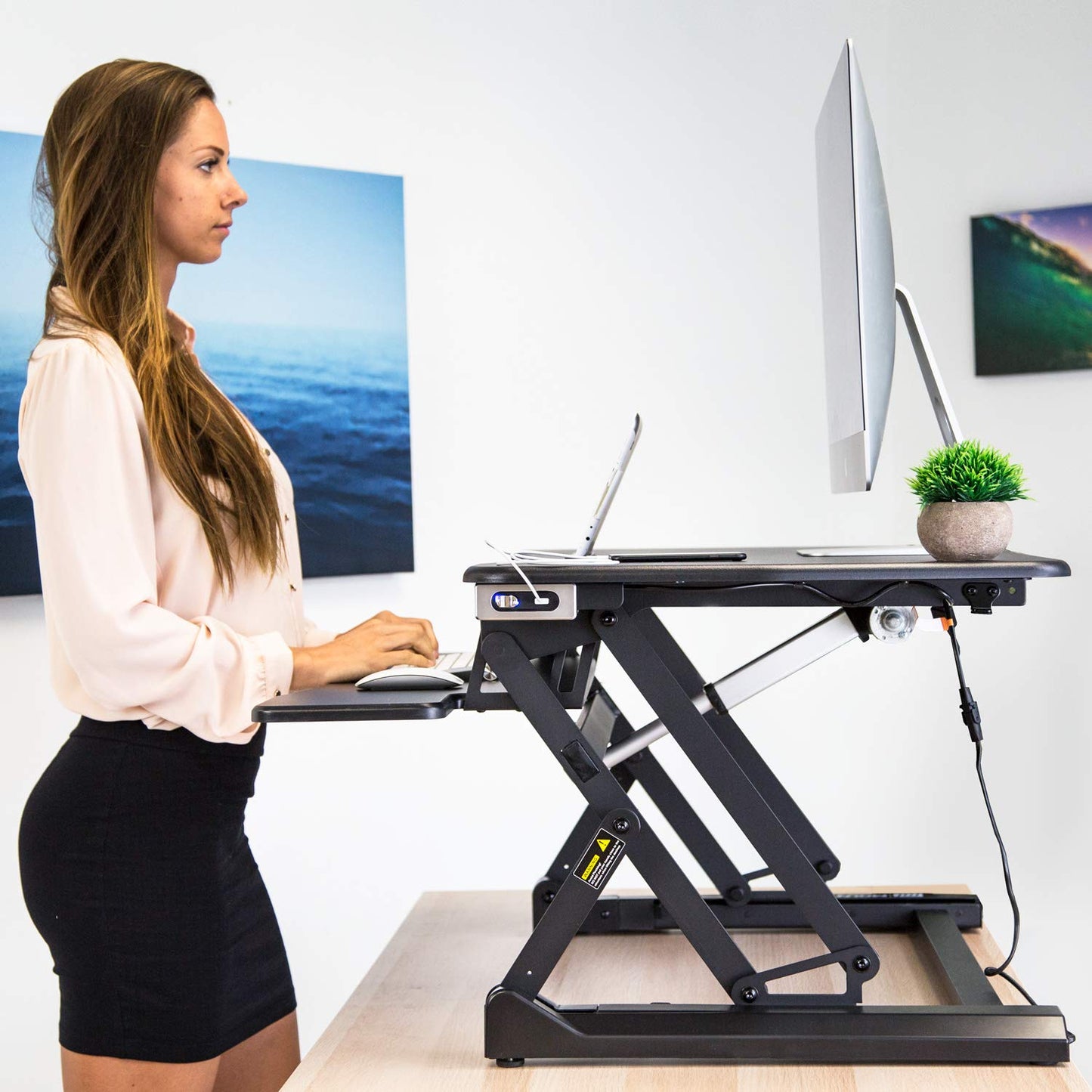 Mount-It! Electric Standing Desk Converter with 35.4" x 23.2 Desktop Riser, Motorized Stand Up Desk Convertor, Built-in USB Port, Ergonomic Height Adjustable Standing Desk Topper in Black (MI - WoodArtSupply