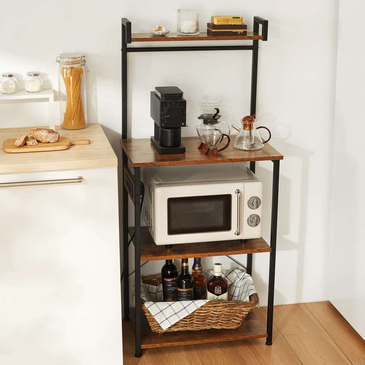OIRBOEUS Rustic Brown Bakers Rack with Power Outlet and 5-Tier Storage for Kitchen and Coffee Bar OIRBOEUS