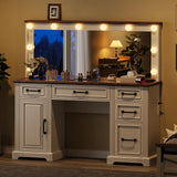 LUXOAK 55'' Farmhouse Vanity Desk with Mirror and Lights, Large Makeup Table with Charging Station, Glass Tabletop & 5 Drawers, Rustic Dressing Table for Bedroom, Antique White LUXOAK