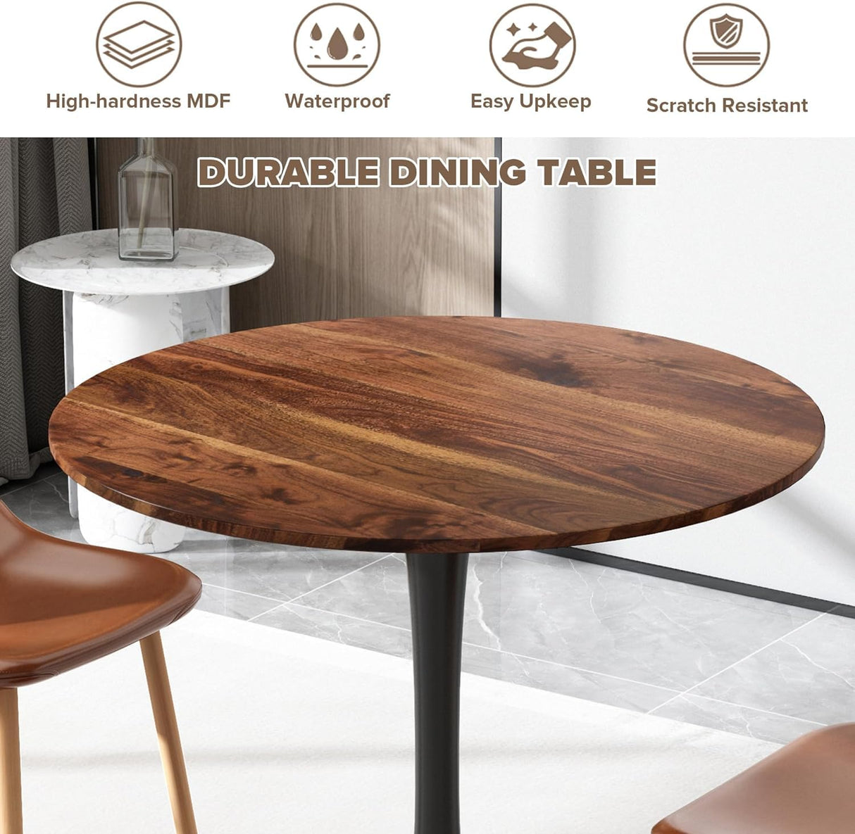 yotomaki 31.5" Round Dining Table for 2-4 People with Walnut Tabletop,Mid-Century Walnut Tulip Kitchen Table, Pedestal Base Table for Small Space Home Office Living Room yotomaki