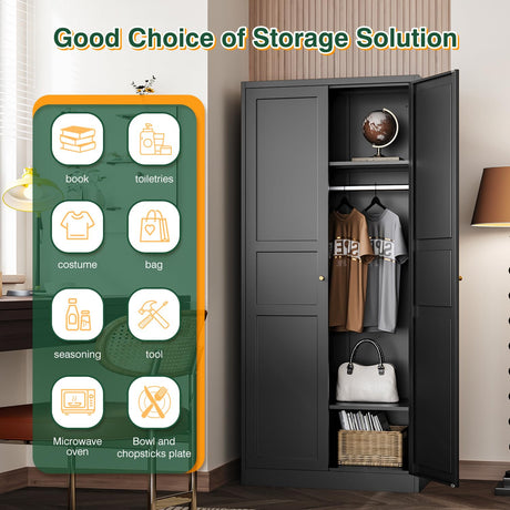 Letaya Wardrobe Armoire Closet,72" H Metal Storage Cabinet with Adjustable Shelves and Hanging Rod,Bedroom Armoire Cabinet Clothes Organizer (Black) Letaya