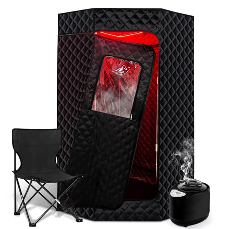 PEEKO Full Size Portable Personal Home Sauna, Pentagon Sauna Tent Sauna Box with 650nm Red Light Therapy, 3L Capacity 1200W Steamer, Pocketed Foldable Chair, Customized Sweat Mat with Remote Control PEEKO