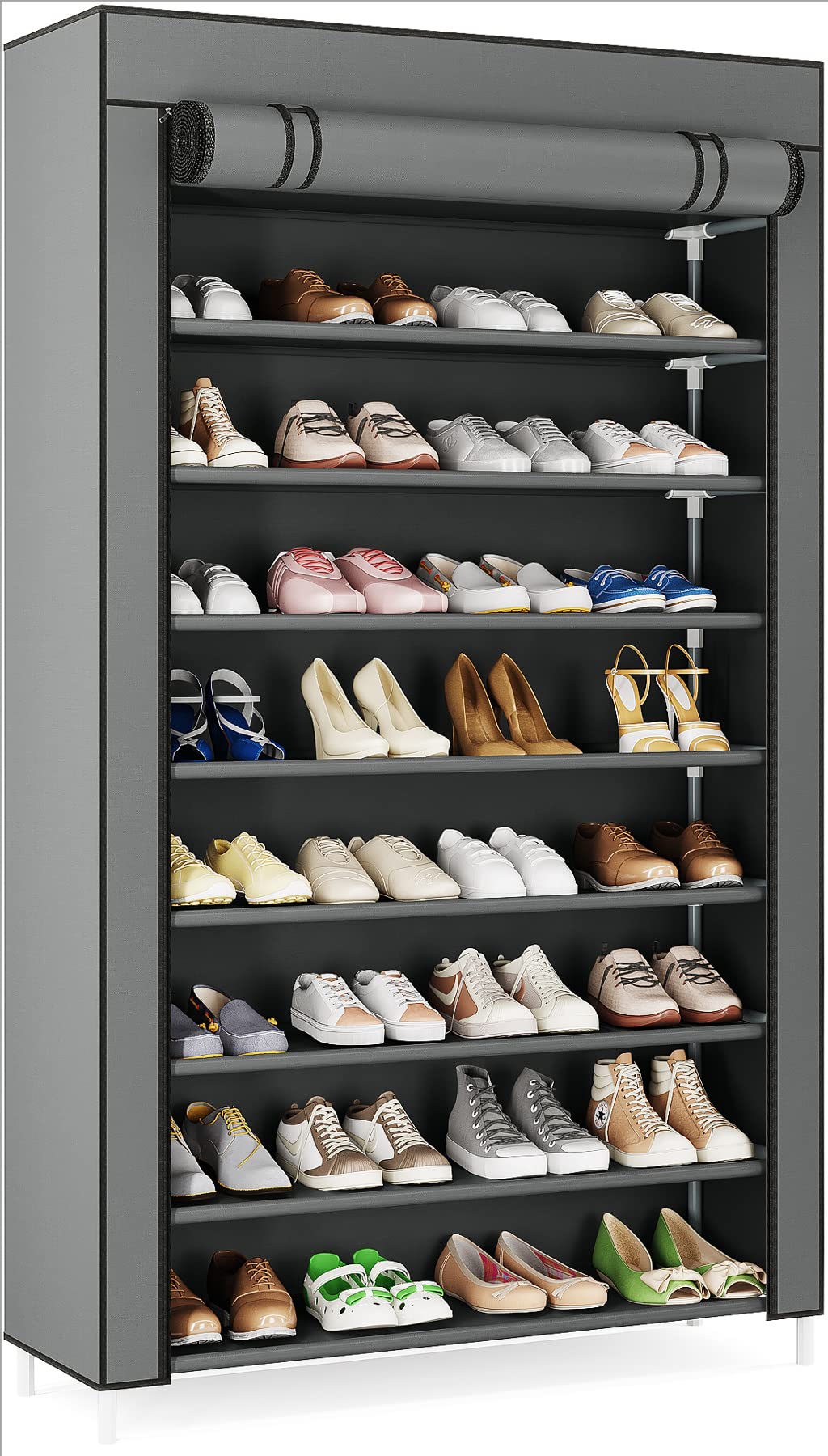 Tribesigns 10 Tier Shoes Rack with Non-Woven Cover, Grey, 50 Pair Large Capacity, Easy Assembly, Non-Woven Fabric and Iron Tube