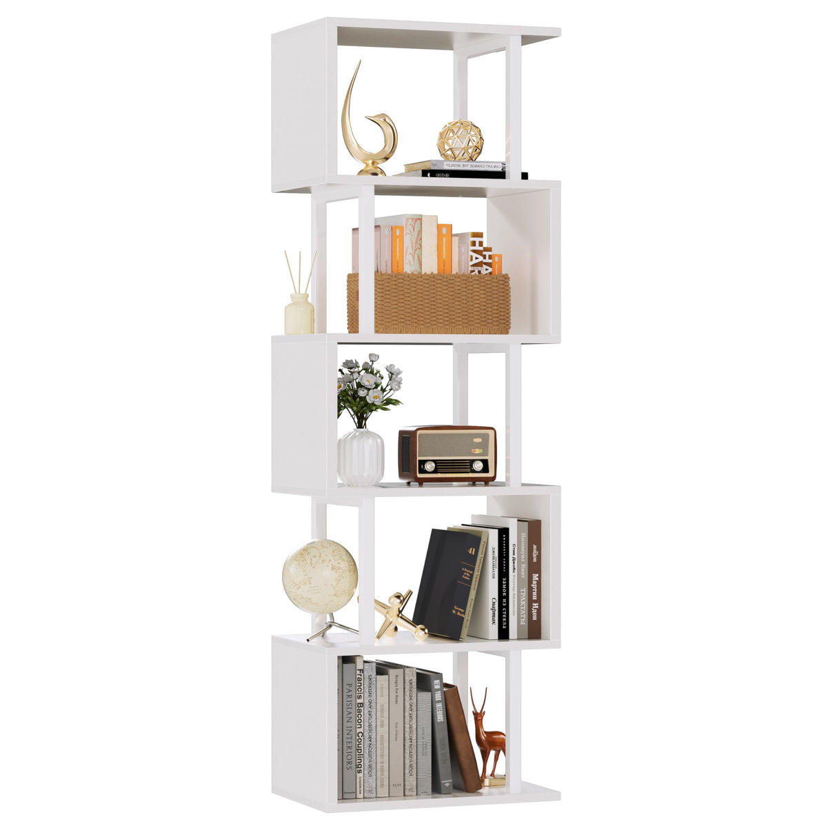 Furologee White Geometric Bookshelf 6 Tier S-Shaped Bookcase, Tall Modern Display Storage Shelf, Metal and Wood Decorative Freestanding Room Divider Shelves for Bedroom, Living Room, Office Furologee