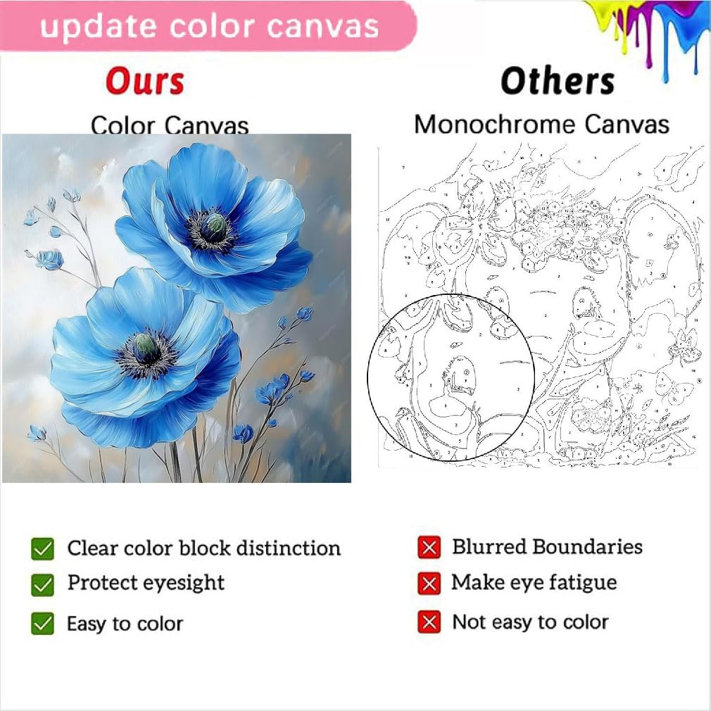 4 Pack Flowers Paint by Number for Adults Kids Framed, Easy Acrylic Adults Paint by Numbers Kits on Canvas with Paints and Brushes, Small Flowers Arts and Crafts Kits for Home Wall Decor (8 x 8 Inch) Fotasmua