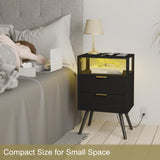 JOONEE Black Nightstand with Charging Station and LED Lights,Modern Bedside Table with 2 Storage Drawer and Open Wood Shelf, for Bedroom and Small Spaces,Night Stand with Solid Wood Legs,Black JOONEE