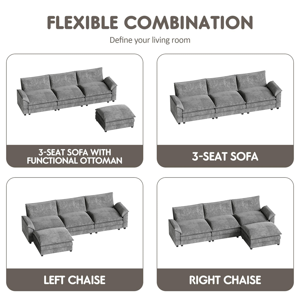 Homall 119" Modular Sectional Sofa, L Shaped Sofa Couch with Reversible Ottoman, DIY Combination Chenille Deep 3-Seat Cloud Couch for Living Room, Apartment (Light Grey, L Shaped Sofa) Homall