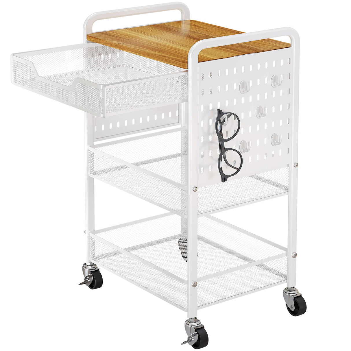 3-Tier Rolling Utility Cart with Wheels - Metal Cart with Wood Tabletop, Slide Drawer and Pegboards & Hooks, Versatile Storage Organizer Cart for Home Office Kitchen, White SNTD