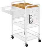 3-Tier Rolling Utility Cart with Wheels - Metal Cart with Wood Tabletop, Slide Drawer and Pegboards & Hooks, Versatile Storage Organizer Cart for Home Office Kitchen, White SNTD