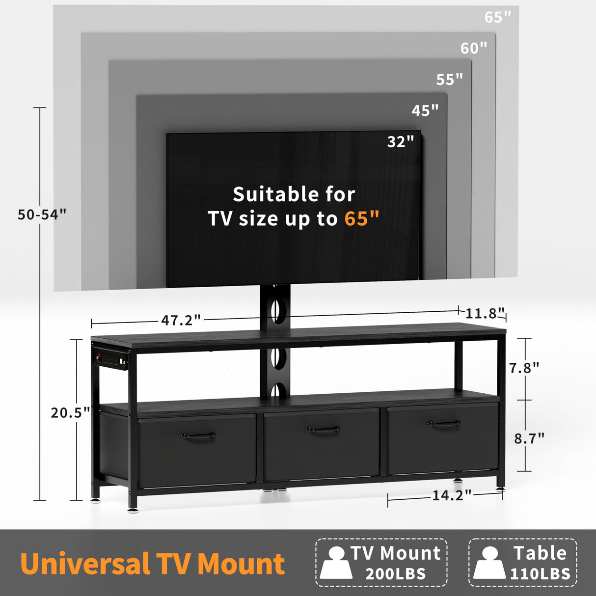 JUSTOGO TV Stand with Mount and Power Outlet, TV Stand Mount with Storage for Living Room, Entertainment Center with LED Lights for 45/55/60/65 inch TVs, Height Adjustable Media Console, Black JUSTOGO