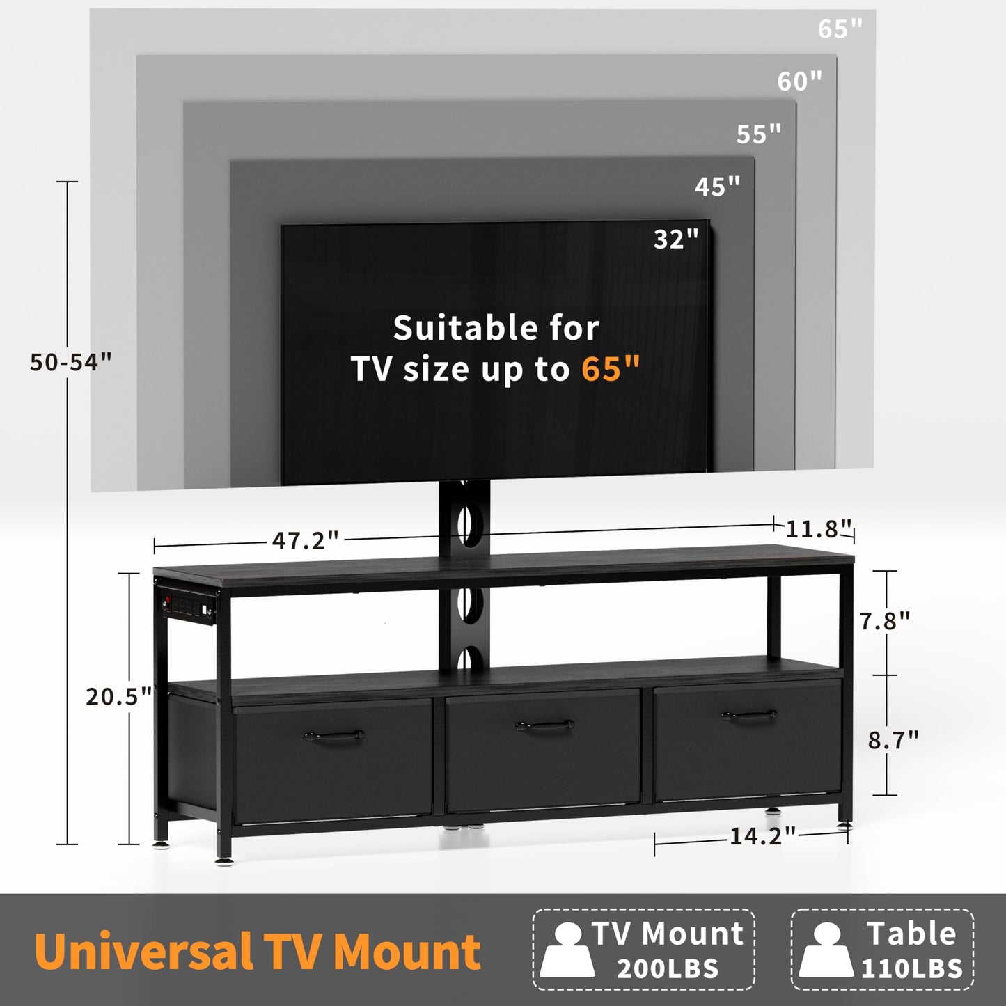 JUSTOGO TV Stand with Mount and Power Outlet, TV Stand Mount with Storage for Living Room, Entertainment Center with LED Lights for 45/55/60/65 inch TVs, Height Adjustable Media Console, Blac - WoodArtSupply