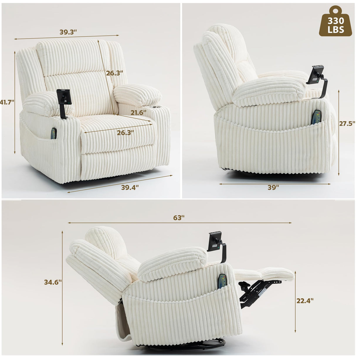 SINCRUMI Power Oversized Swivel Rocker Recliner with Dual Motor Adjustable Headrest for Adults, Glider Rocking Chair with Vibration and Heat, USB A&C Ports, Armrest Storage, Cup Holder, Cream White SINCRUMI