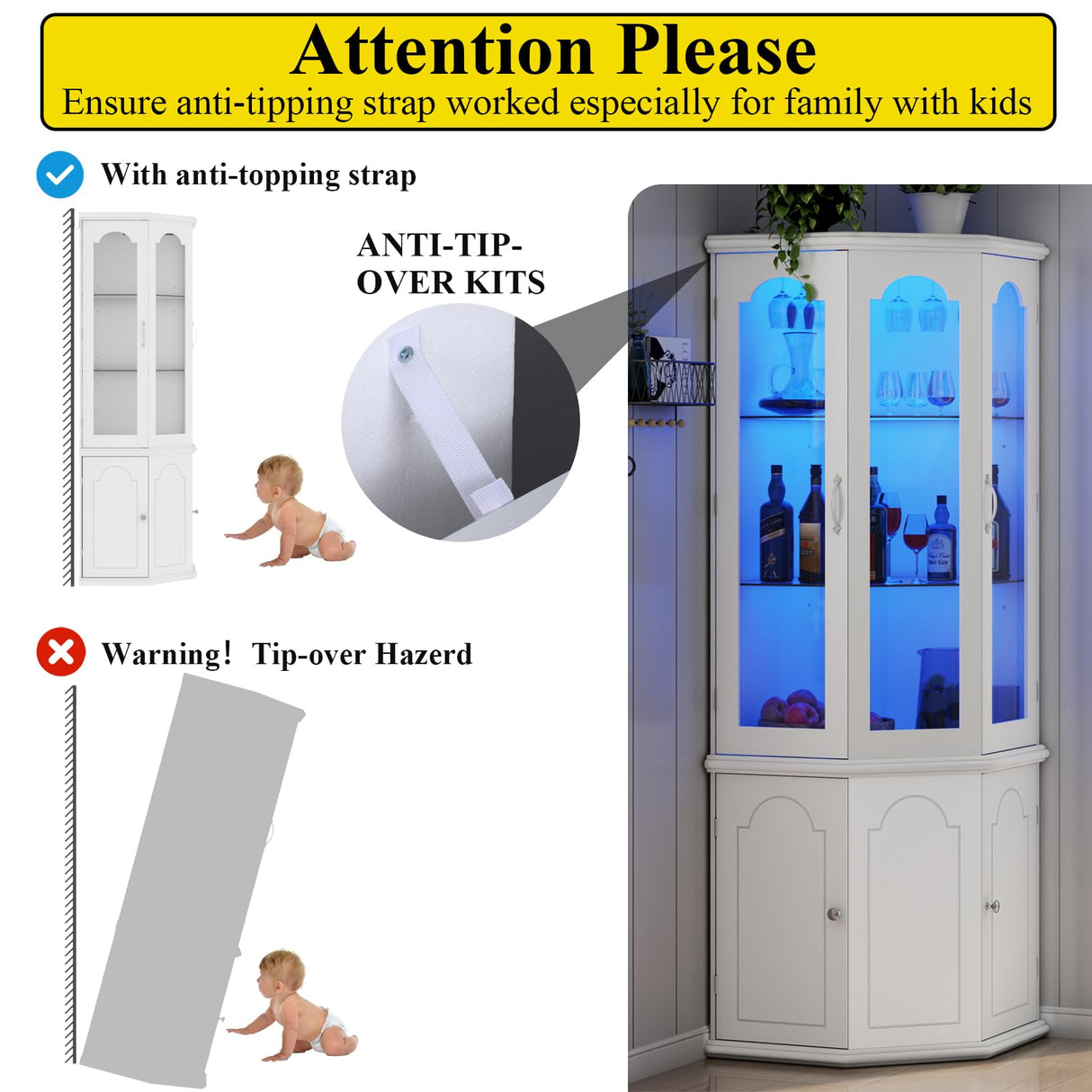 Gyfimoie Corner Bar Cabinet w/LED Lights, Tall Modern Wine Cabinet with Tempered Glass Door & Adjustable Shelves, Home Bar Liquor Storage Cabinet with Glass Rack for Living Room, Dining Room (White) Gyfimoie