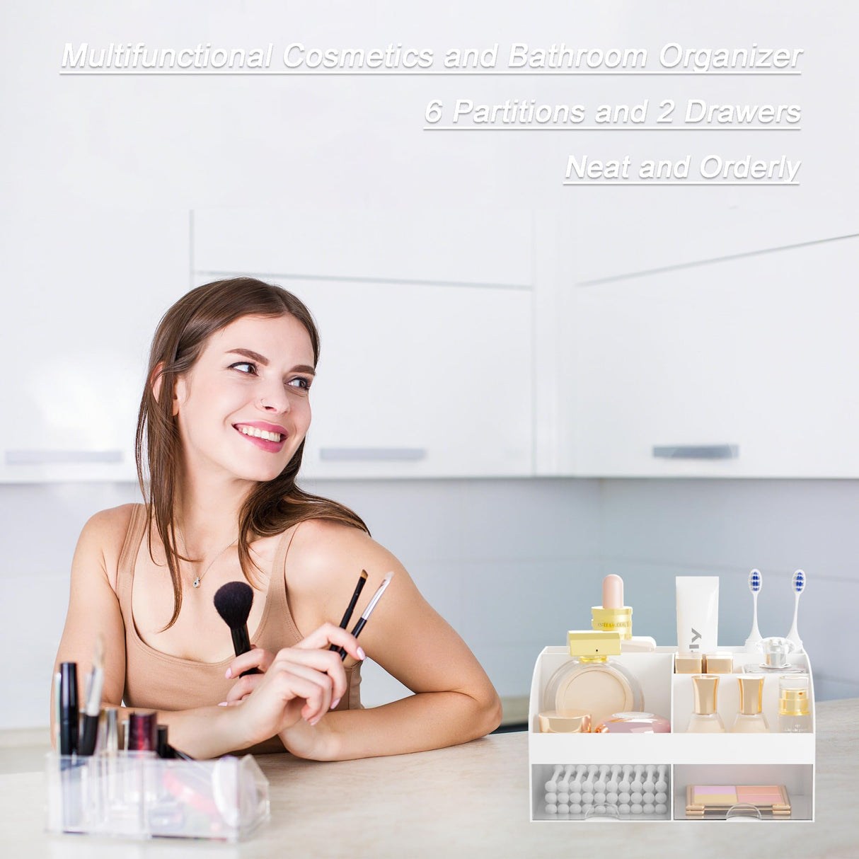 DIRZHX Bathroom Countertop Organizer, Toothbrush Holders for Bathroom, 6 Slots Toothpaste Bath room Counter Sink Organizer with Drawers, Plastic Organizers and Storage for Vanity (White) DIRZHX