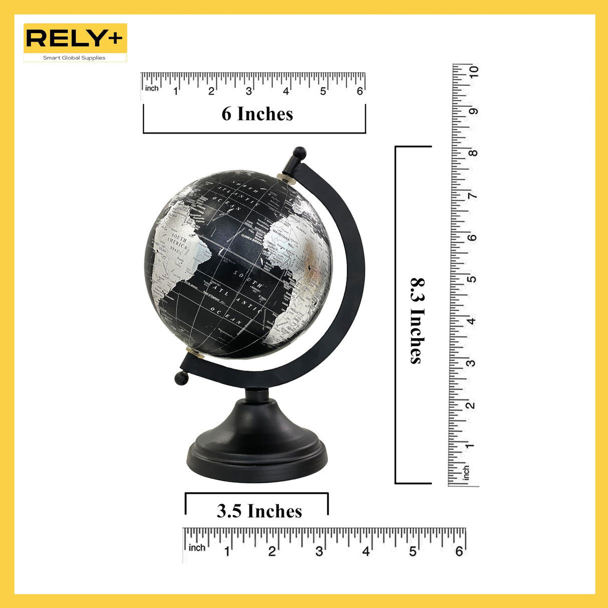 Rely+ 5" World Globe With Sturdy Metal Stand (NOT PLASTIC!) - Desktop Globe For Home Desk Table Office Decor - Book Shelf Decor Globe - 5 Inch - Metallic Black RELY+