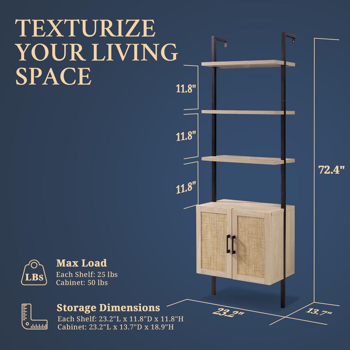 OAKHAM HOME 5 Tier Book Shelf, 73" Tall Bookshelf with Storage, Modern Bookcase with Shelves, Wall Mount Ladder Shelf with Steel Frame, Bookshelves with Rattan Cabinet for Living Room (Weathered Oak) OAKHAM HOME