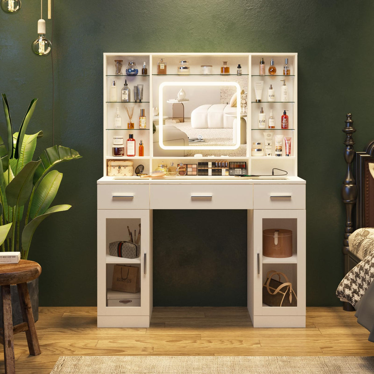 Fameill Makeup Vanity with Lights, 43.4inch Vanity Desk with Power Strip, 3 Drawers and 2 Cabinets Makeup Table with Lighted Mirror, 3 Lighting Colors, White Fameill