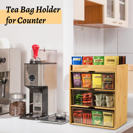 TIMIEEYA Tea Bag Organizer - Bamboo Tea Storage Organizer With Drawer 3 Layer, Tea Organizer for Tea Bags Natural Wood & Acrylic for Countertop Office Kitchen Cabinet Pantry TIMIEEYA