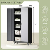 RAVIGIN Metal Garage Storage Cabinet with Wheels, 73" H Locking Tool Cabinet with 2 Doors and 4 Shelves, Tall Steel Cabinet for Garage, Heavy Duty File Cabinet for Office, School (Black Grey) RAVIGIN