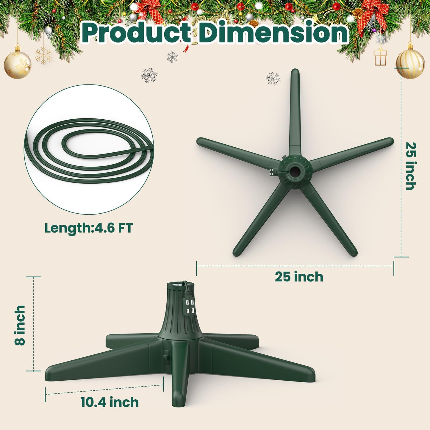 CreiYuan Rotating Christmas Tree Stand, Thickened ABS, Sturdy 5-Legged Design, Includes 3 Adapters & Sockets, Supports up to 7.8ft Rotating Tree Stand for Artificial Christmas Tree