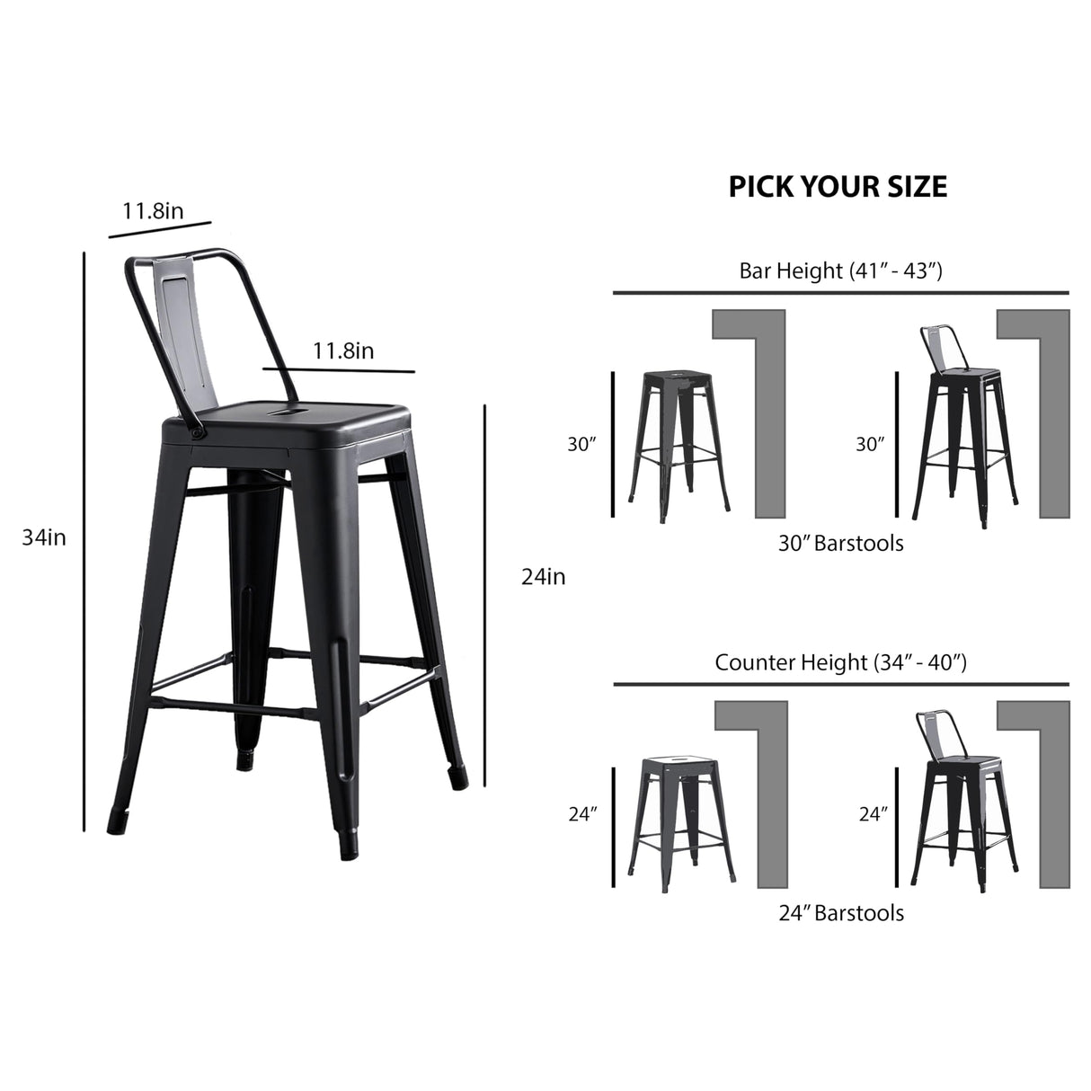 AC Pacific 24” Metal Barstool Set of 2 – Country Rustic Style with Low Back, Lightweight & Sturdy Build, Easy Assembly – Matte Black AC Pacific