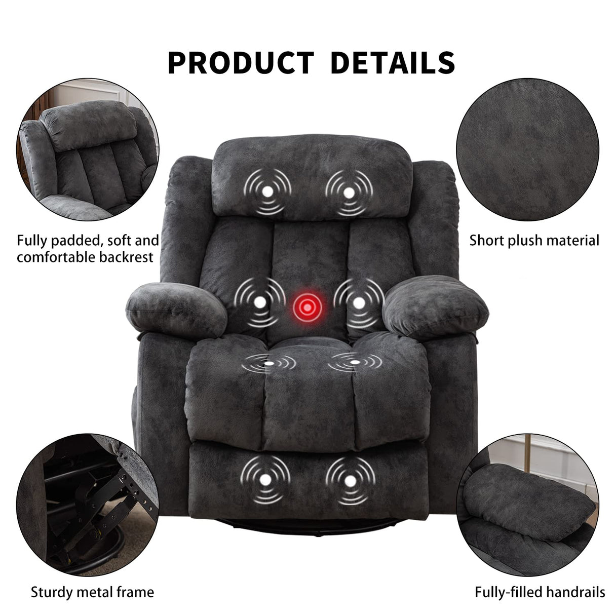 INZOY Massage Swivel Rocker Recliner with Heat and Vibration, Soft Manual Rocking Recliner Chair with Vibrating Massage, Comfy Padded Overstuffed Fabric Heated Recliner, Grey INZOY