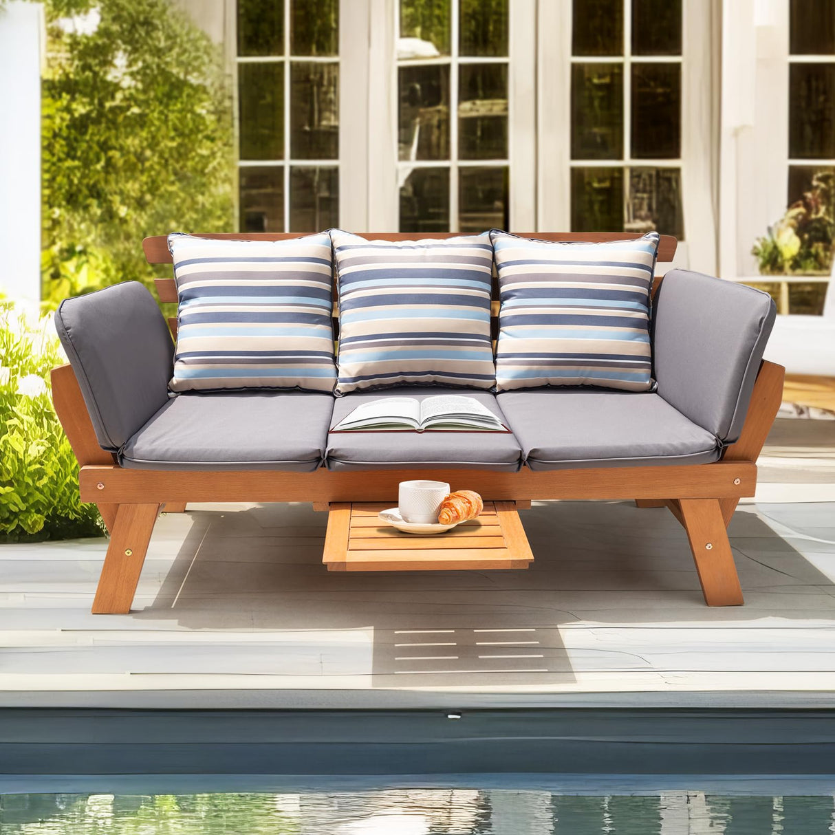 IDZO Amelie Outdoor Daybed Sofa: 750lbs Max Weight Support, Sleeper Chair with Armrest, Coffee Tray, 3 Pillows, FSC Wood, Gray, Ideal for Outdoor Couch IDZO