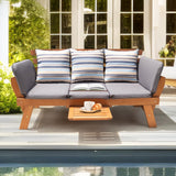 IDZO Amelie Outdoor Daybed Sofa: 750lbs Max Weight Support, Sleeper Chair with Armrest, Coffee Tray, 3 Pillows, FSC Wood, Gray, Ideal for Outdoor Couch IDZO