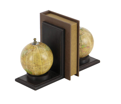 Deco 79 Rustic Mango Wood Bookends Metal Globe Book End 8" H, 6" W-38119, 8" and 8" H, Textured Multicolor Finish