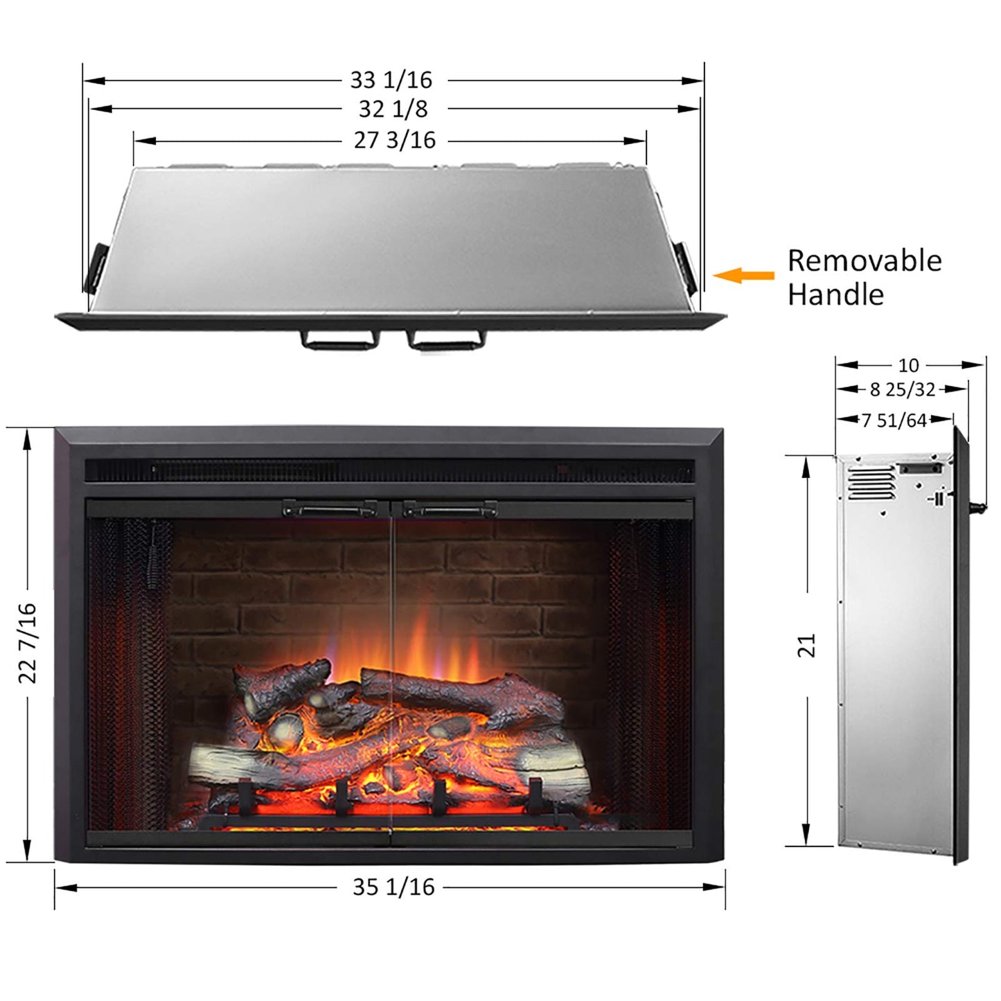 PuraFlame Klaus Electric Fireplace Insert with Fire Crackling Sound Glass Door and Mesh Screen, 750/1500W, Black, 33 1/16 Inches Wide, 21 Inches High, 33 1/16 W X 21 H X 7 51/64 D