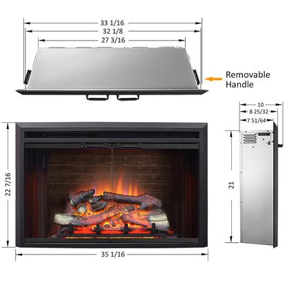 PuraFlame Klaus Electric Fireplace Insert with Fire Crackling Sound Glass Door and Mesh Screen, 750/1500W, Black, 33 1/16 Inches Wide, 21 Inches High, 33 1/16 W X 21 H X 7 51/64 D