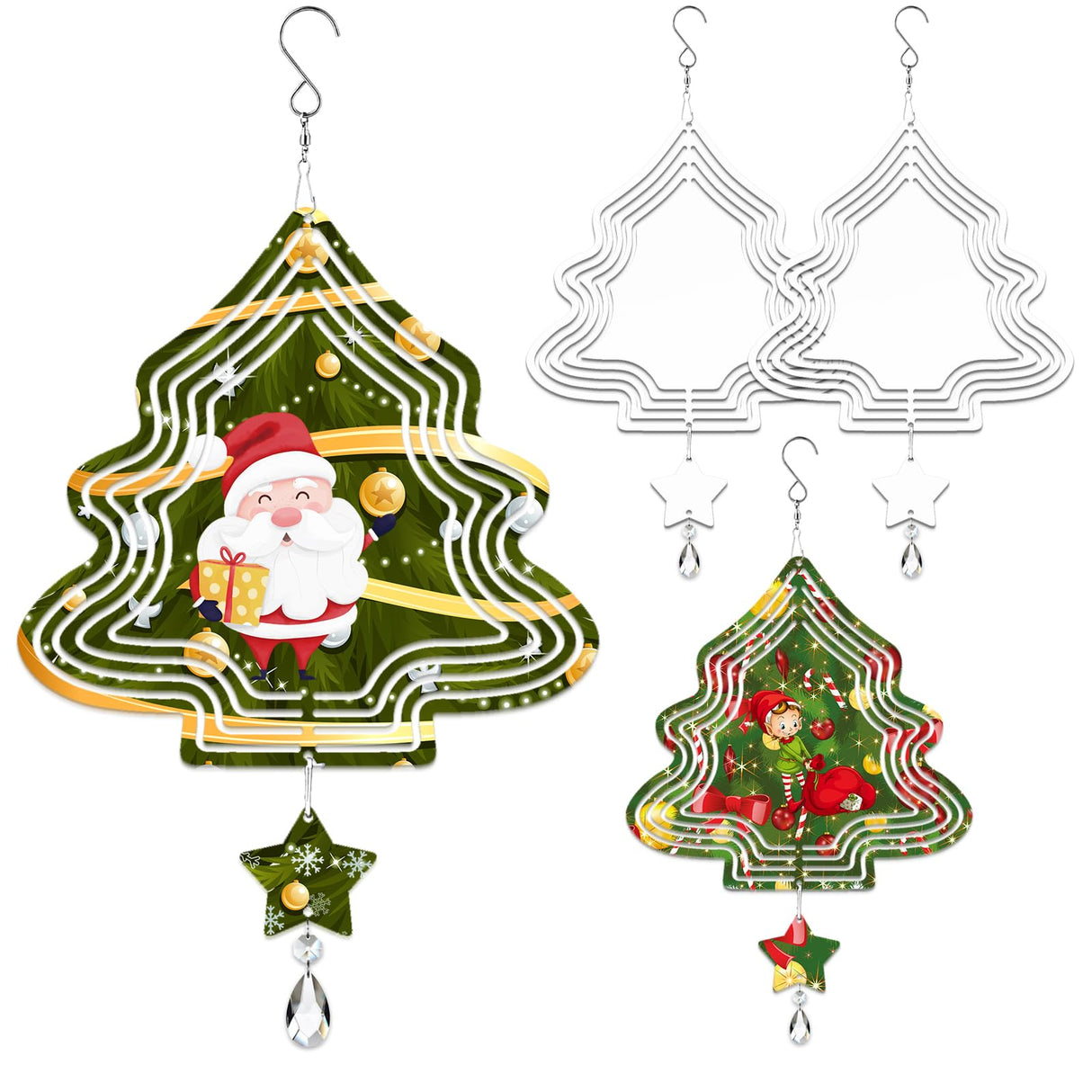 WindMage 4Pack 8inch Sublimation Wind Spinner Blanks 3D Aluminum Metal Wind Sculpture Kinetic Spinners for Yard and Garden Indoor Art Sublimation Christmas Ornament Hanging Decoration (Xmas Tree) WindMage