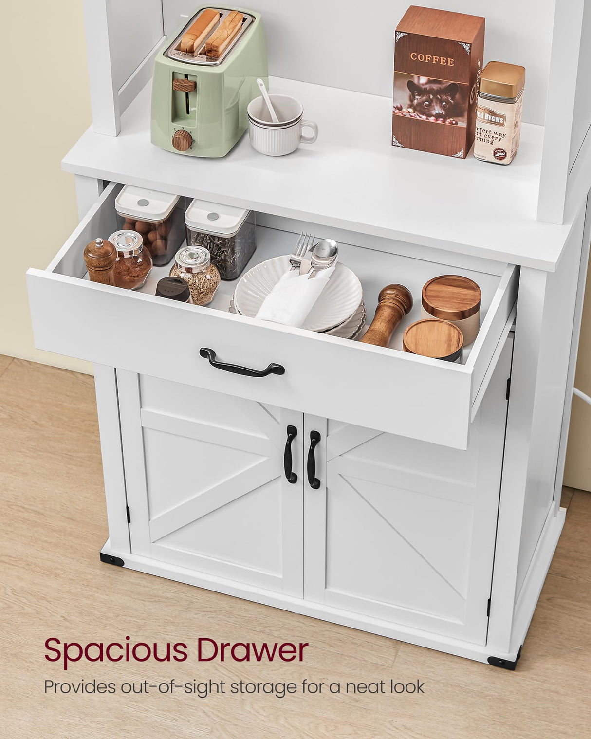 VASAGLE 71" Pantry Cabinet with Lights and Charging Station, Kitchen Pantry Cabinet with Doors and Drawer, Farmhouse Storage Cabinet, Coffee Bar VASAGLE