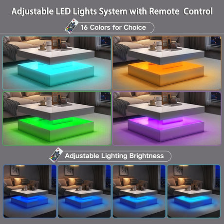 LED Coffee Table for Living Room with Storage - High Glossy Modern White Center Table with 2 Drawers, Square Wooden Middle Table with 16-Color Lights 31" x 31" x 14.6" (White) FKWin