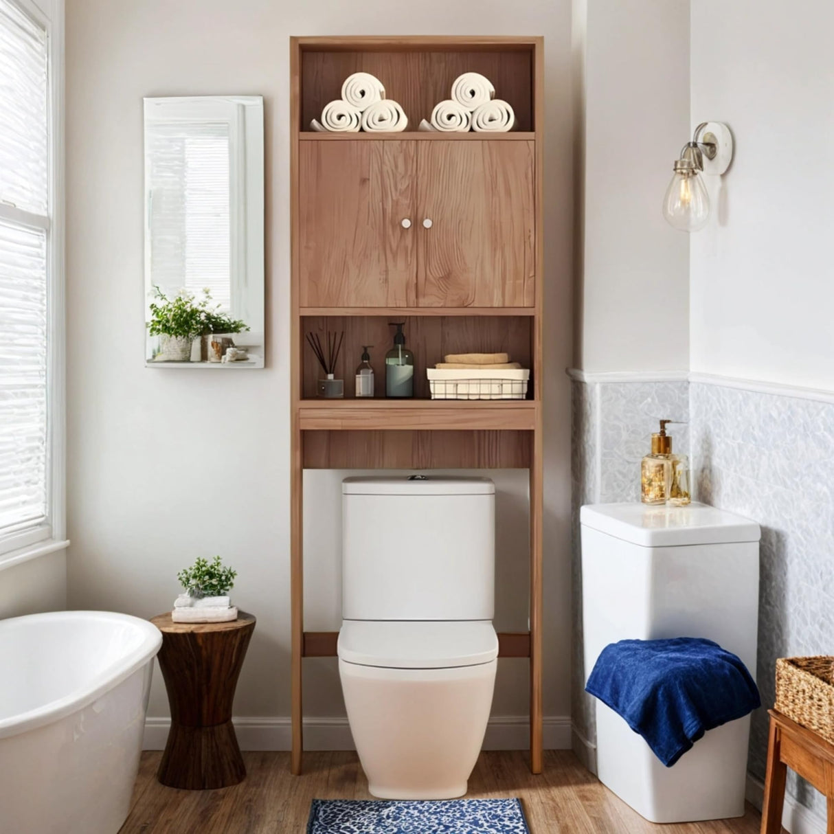 Tydaris Over The Toilet Storage Cabinet - Wood Over Toilet Bathroom Cabinet with Adjustable Shelf and Double Doors, Bathroom Space Saver Organizer, Taller Free Standing Toilet Rack, Brown Tydaris