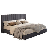Jocisland King Size Lift Up Storage Bed Frame, Linen Upholstered Platform Bed with Vertical Channel Tufted Headboard and Wingback, Hydraulic System, No Box Spring Needed, Wood Slats Support, Dark Grey Jocisland
